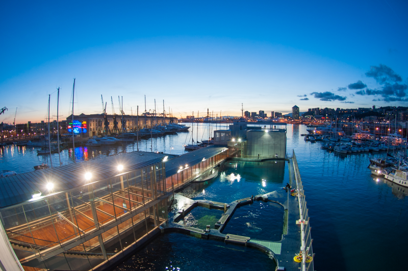 Veduta notturna del nuovo padiglione cetacei dell'Acquario di Genova.